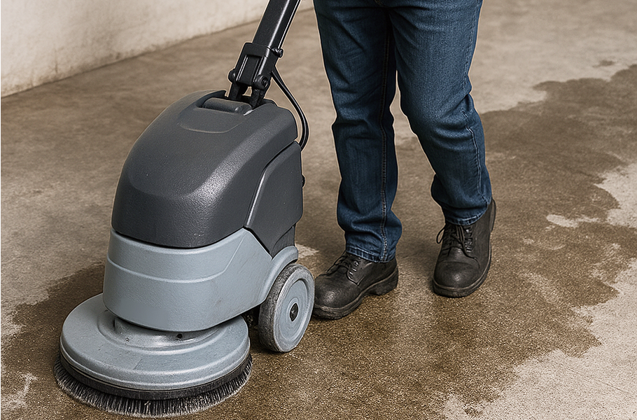 Employé passant une monobrosse sur un sol de chantier